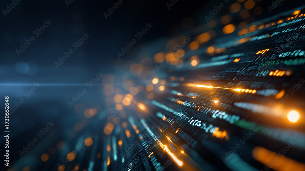 Poster digital highway: an abstract representation of high-speed data transmission, showcasing streams of v