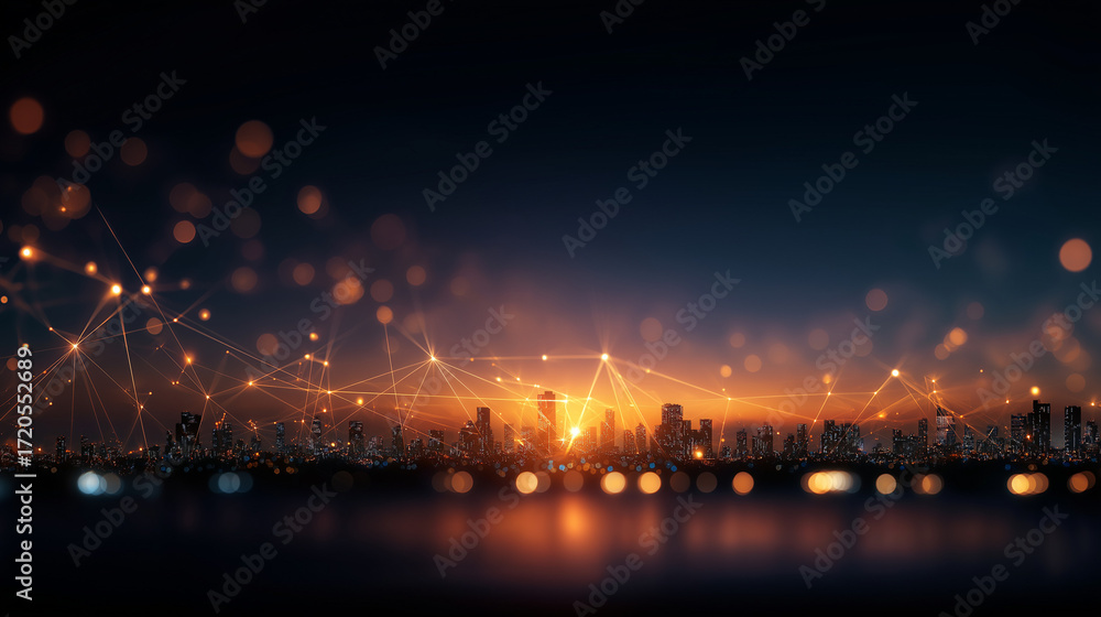 Poster city lights and network: a futuristic cityscape bathed in a warm glow, interwoven with a complex net