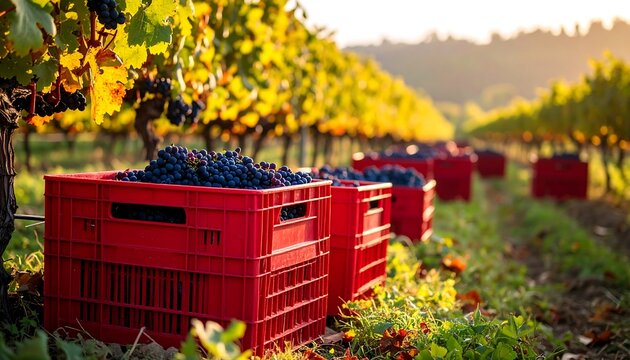 Grape harvest in a vineyard with ripe grapes in red crates during golden hour.