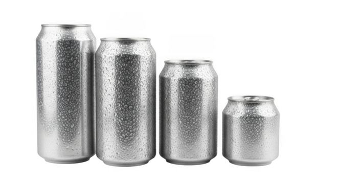 Four aluminum beverage cans of varying sizes are covered in condensation droplets and arranged in a row on a transparent background - Powered by Adobe