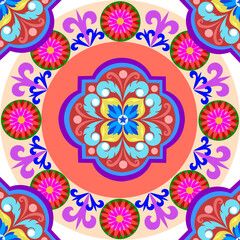 beautiful hand-drawn vector background inspired by Arabic and Indian fine art, featuring intricate floral designs in shades of blue, navy, yellow, pink, and purple. The seamless pattern highlights