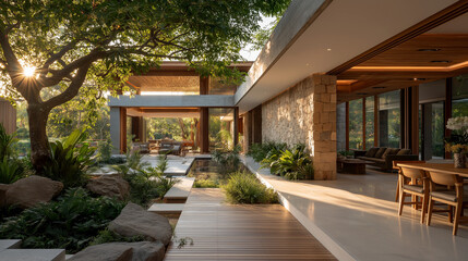 Fototapeta premium Serene Modern Residence: Sunlight bathes a luxurious modern home in a warm glow, highlighting the natural wood and stone facade, a testament to elegant architectural design and tranquil living.