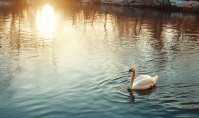 Majestic swan on calm river at sunset.