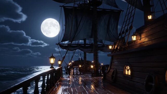 A nighttime view of a wooden pirate ship sailing under a full moon with lanterns on the deck and a dark sea background.