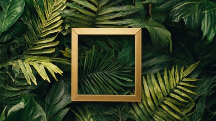 Golden Frame in Lush Tropical Foliage: A Vibrant Display of Nature's Beauty