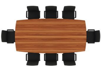 Wooden conference table with six black office chairs, modern meeting room furniture set for business, corporate, and teamwork collaboration, top view isolated on white background