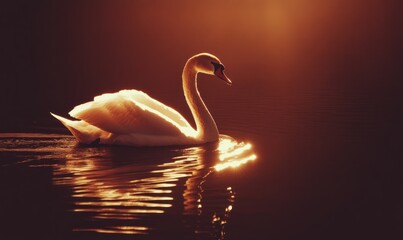 Majestic swan swimming at sunset, golden light reflecting on water.