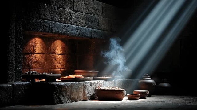 Rustic Kitchen with Billowing Smoke and Interplay of Light and Shadow