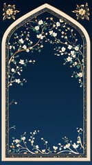 Ornate Floral Archway with Arabic Calligraphy on Deep Blue Background Art Illustration