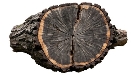 A detailed image showcasing the cross-section of a weathered tree trunk, revealing its concentric growth rings and textured bark