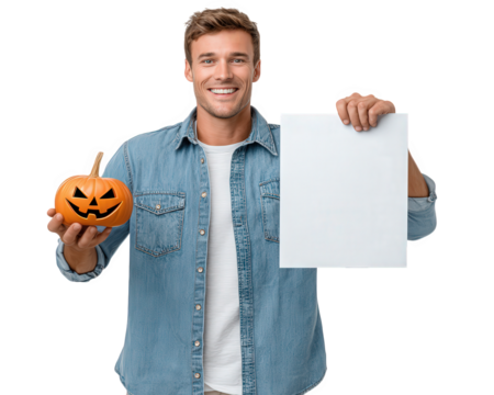 Smiling man holding jack o lantern pumpkin and blank white paper, wearing casual denim shirt, isolated on transparency background, cheerful autumn mood, Halloween concept