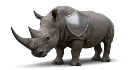 Obraz premium A rhinoceros with a shield. The image represents protection and strength.