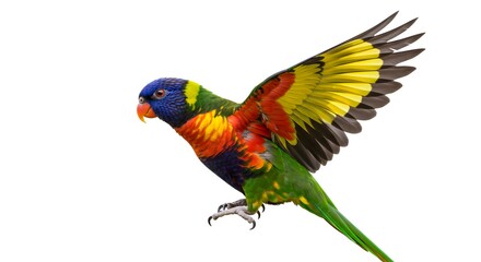 Obraz premium A vibrantly colored lorikeet soaring with its wings spread wide, showcasing a stunning display of feathers. The bird is in flight, with the wings partially open.