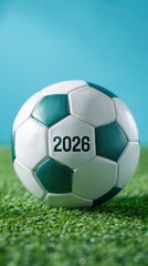 Fototapeta premium 2026 numbers with soccer ball on blue turf - modern sports concept for upcoming season