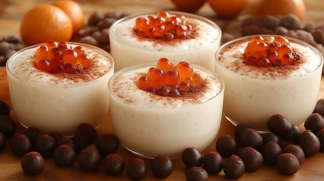Four small,  creamy desserts topped with  red caviar and cocoa