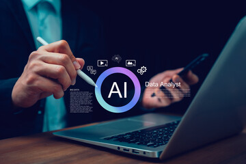 Business analyst using laptop, smartphone, stylus with AI and big data icons, symbolizing artificial intelligence, data science, machine learning, digital analytics, business intelligence innovation.