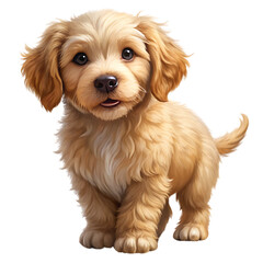 Obraz premium Adorable fluffy golden retriever puppy with soft wavy fur and dark eyes cutout png isolated on a transparent background