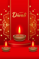 Happy Diwali vertical poster with diya lamps, podium and mandala pattern. Traditional Indian festival of lights Shubh Deepavali. Vector illustration for festive digital and creative concepts
