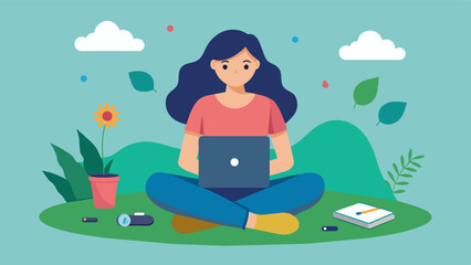 A woman sits crosslegged on the grass editing photos on her laptop for her freelance photography business.. Vector illustration