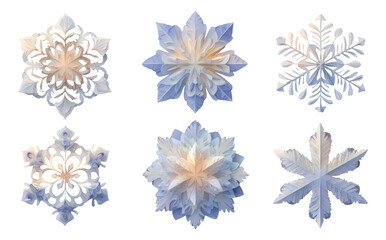 Beautiful Collection of Six Isolated Snowflakes on Transparent Background