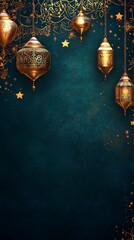 Ornate Gold Lanterns and Stars on a Textured Teal Background with Arabic Calligraphy
