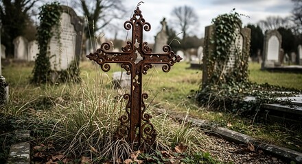 An ornate and rusty cast iron cross grave marker stands in an old, overgrown, and weathered cemetery.