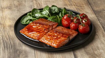 Glazed salmon fillets with spinach and cherry tomatoes.