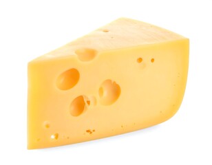 A triangular wedge of yellow cheese against a white background