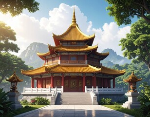 Golden Pagoda Temple Surrounded by Lush Greenery