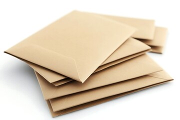 Stack of Tan Open Blank Envelopes Laid on Top of Each Other on White Backdrop