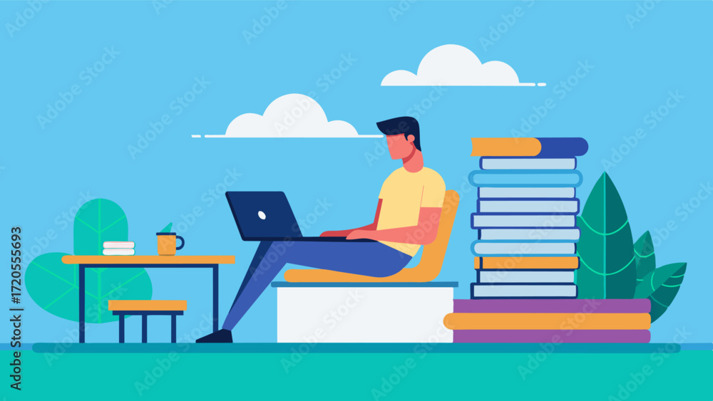 Poster a laptop and stack of files sit on a small table beside a pool as a man works while lounging in a ne