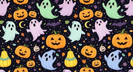 Fototapeta premium A cheerful Halloween pattern features pumpkins and ghosts in pastel colors against a dark night sky background.