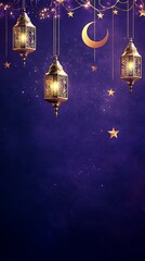Ornate Golden Lanterns and Crescent Moon with Stars on Dark Blue Backdrop