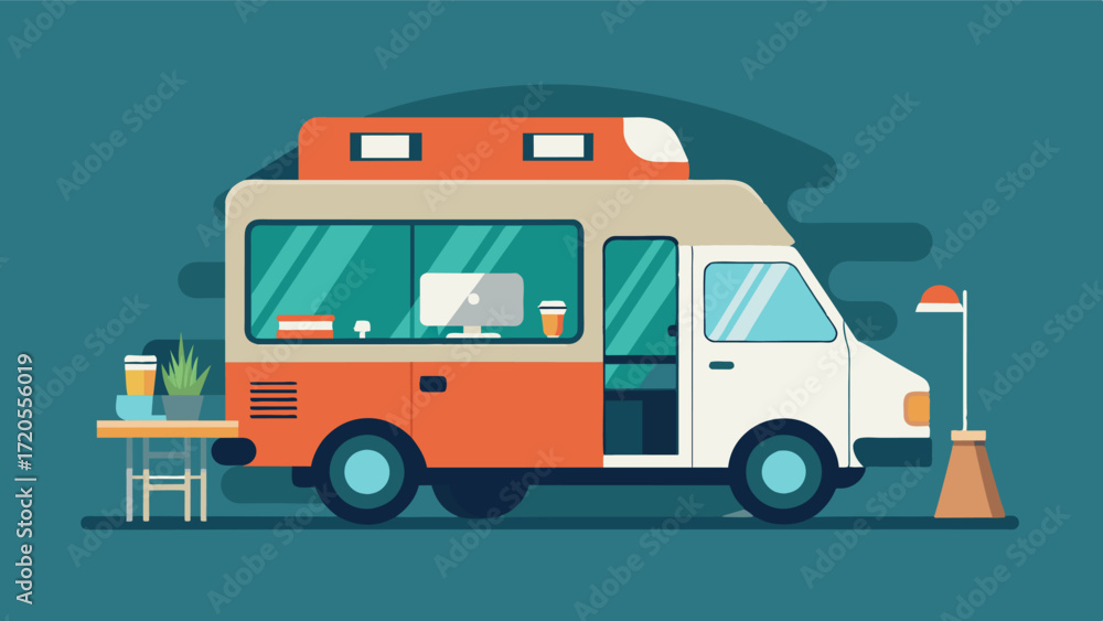Poster a minimalist but functional workspace in a camper van where simplicity meets practicality making it 