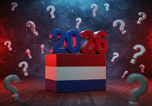 The year 2026 represented on a block in patriotic colors, surrounded by floating question marks against a blurred background. Uncertainty ahead.