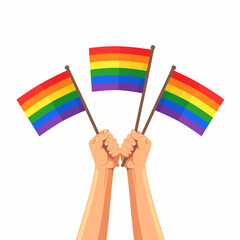 Fototapeta premium Hands holding three rainbow flags, symbol of LGBTQ+ pride and community.