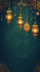 Ornate Golden Ramadan Lanterns Hanging Against a Dark Teal Textured Background with Stars