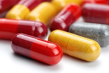 Macro View of Colorful Capsules Red, Yellow, and Gray Pills on White Background