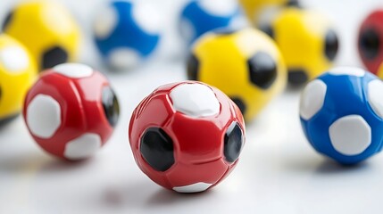 Macro View of Red Blue Yellow Soccer Balls With White Pentagons on White Surface