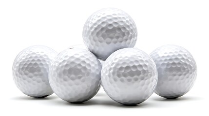 Stacked Arrangement of White Golf Balls with Dimpled Surface on Isolated Background