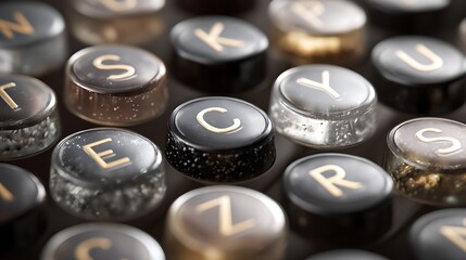 Macro view showing alphabet letter buttons, gold on black keyboard with crystal glass