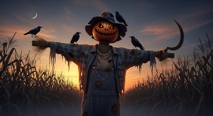 Halloween scarecrow with crows in cornfield at sunset.
