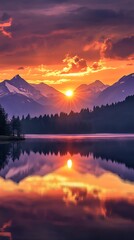 Majestic Mountain Sunset Reflected on Still Lake Water, Forest Silhouette and Vibrant Sky Hues