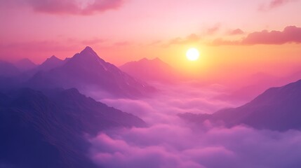 Majestic Mountains Sunrise Peaks Emerging Above Foggy Cloudscape Scene, Pink and Violet Hues