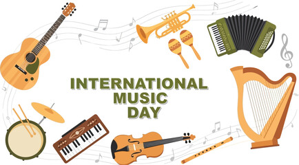 Celebrate International Music Day with diverse instruments and vibrant musical notes arrangement © muhammad