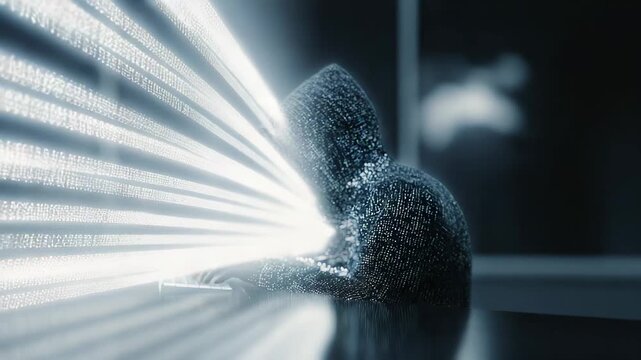 A hooded digital figure surrounded by glowing rays of light creates a futuristic vision of data flow and cybersecurity risks. Bright streams emphasize speed, technology, and digital transformation