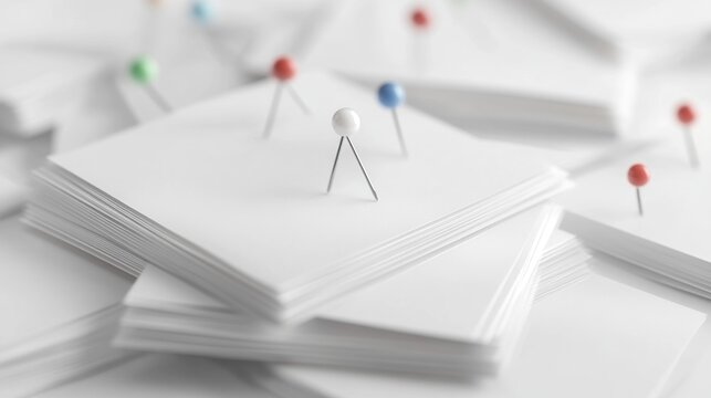 Crisp White Paper Stacks Pinned with Vibrant Pushpins on Seamless Background
