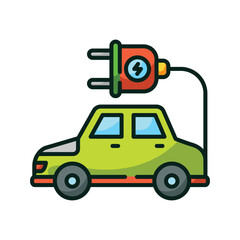 A green electric car charging from a red plug with a lightning bolt