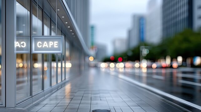 City Street View with Modern Building Facade and Bokeh Lights After Rain