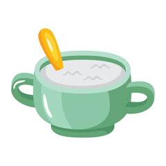 A green bowl with a spoon in white liquid